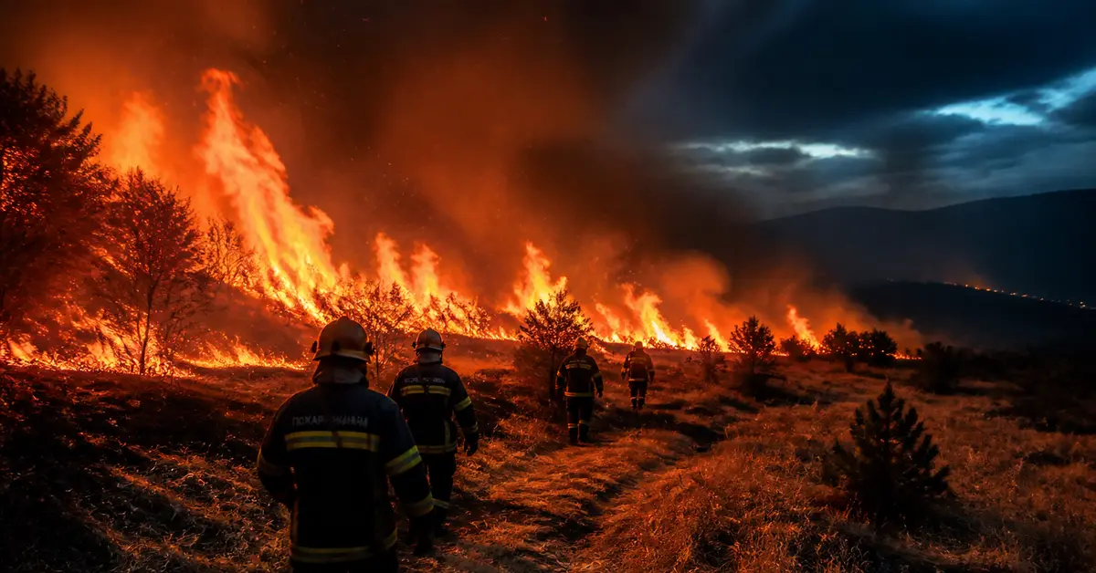 Снимка Copyright © 7kefa.com Пожарникари вървят към голям горски пожар в планината по време на здрач.