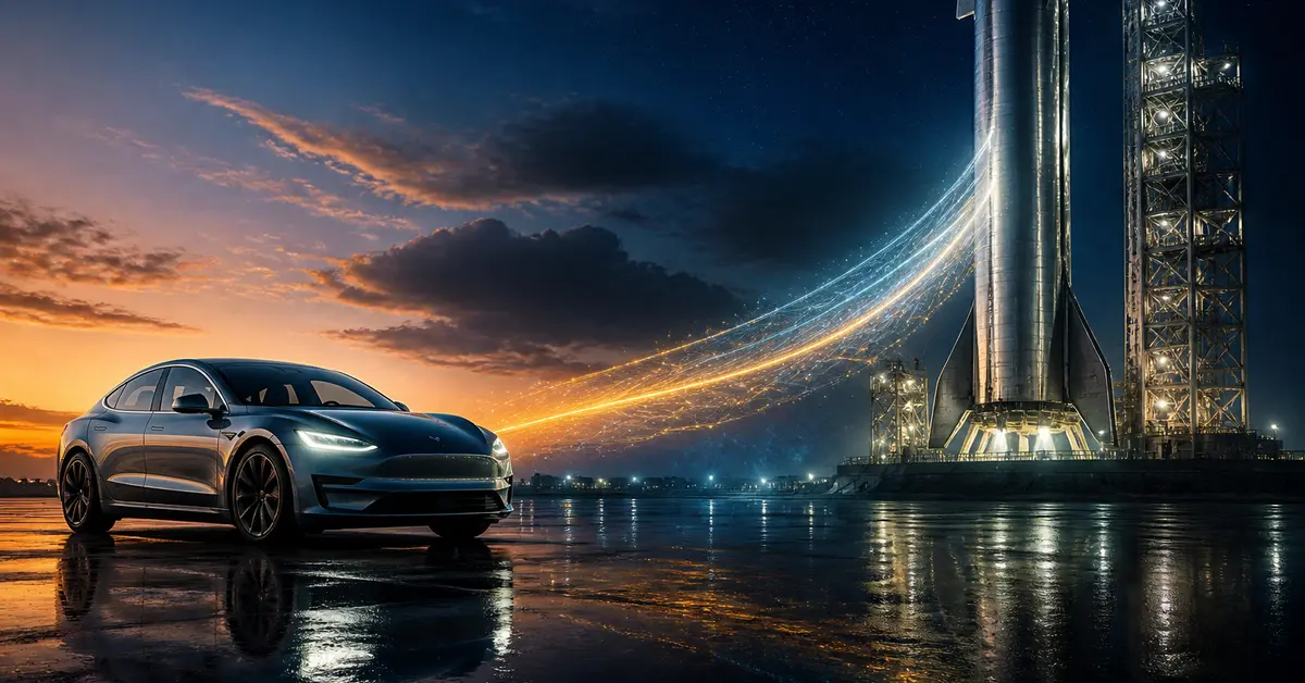 Снимка Copyright © 7kefa.com Електрически автомобил Tesla паркиран пред космическа ракета SpaceX на фона на залез.