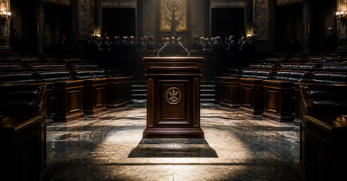 Снимка Copyright © 7kefa.com Дървена трибуна в центъра на празна тържествена зала с кожени столове и мраморен под в стил правителствена сграда