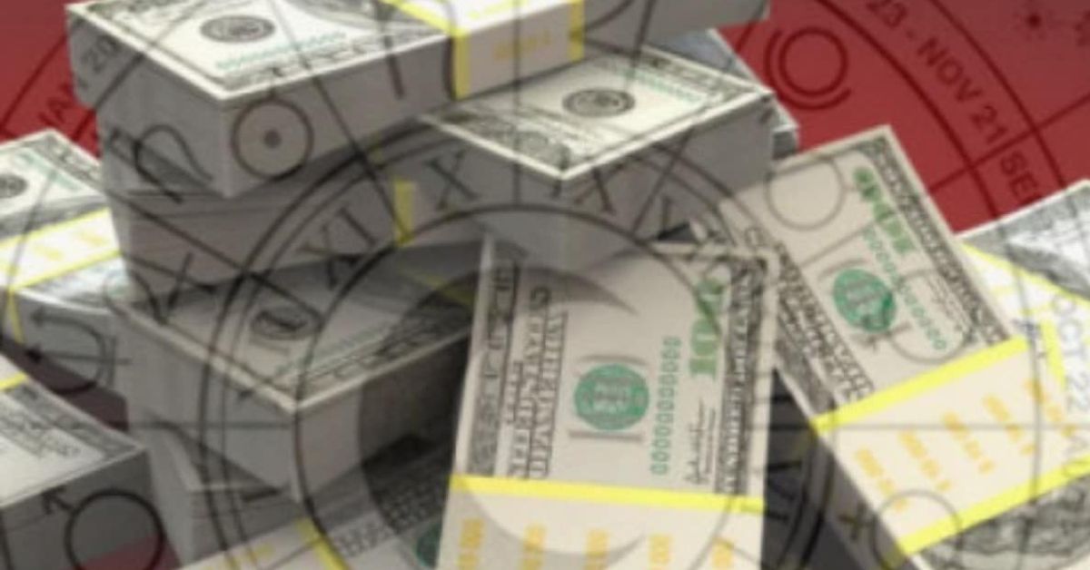 ТОП финансов хороскоп за месец ДЕКЕМВРИ 2025 година Доларови банкноти и зодиакални символи, предвещаващи финансов късмет.