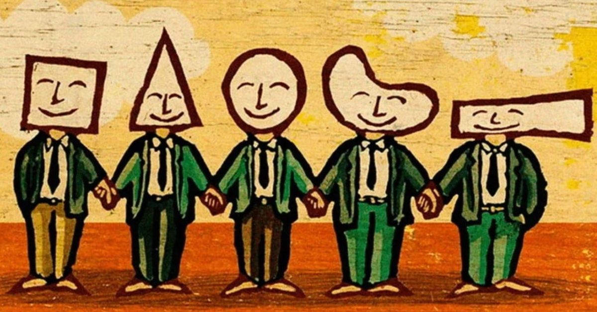 Изберете фигура и ще узнайте по нещо за себе си. Световноизвестният тест на Карл Юнг Пет усмихнати фигури с различни форми на главите, държащи се за ръце.