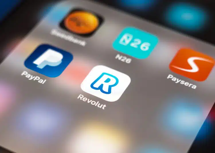 Revolut app logo. Revolut is a digital banking alternative that includes a pre-paid debit card, currency exchange, and peer-to-peer payments.