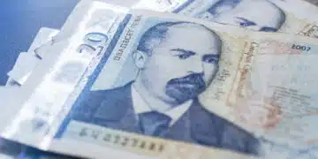 Macro close-up of bulgarian banknotes with different nomination. Bulgarian coins.