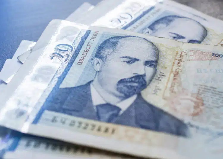 Macro close-up of bulgarian banknotes with different nomination. Bulgarian coins.