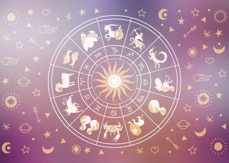 Horoscope and astrology. Horoscope wheel with the twelve signs of the zodiac. Zodiacal circle. Zodiac signs Aries, Taurus, Gemini, Cancer, Leo, Virgo, Libra, Scorpio, Sagittarius, Capricorn, Aquarius, Pisces. Vector illustration.