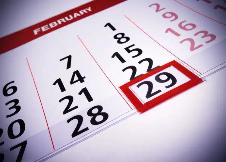 February 29th. Date which repeats on leap year. Calendar (rare days) concept.