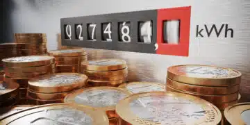 Electrometer is measuring power consumption. Coins in foreground. Expensive electricity concept. 3D rendered illustration.