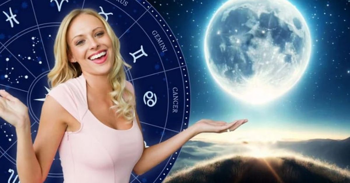 Лунен хороскоп за 27 април 2025 г., неделя и щастливото число на деня Усмихната жена с астрологична карта и пълнолуние над планински пейзаж.
