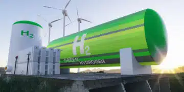 Green Hydrogen renewable energy production facility - green hydrogen gas for clean electricity solar and windturbine facility- virtual 3d rendering