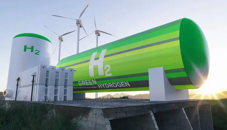 Green Hydrogen renewable energy production facility - green hydrogen gas for clean electricity solar and windturbine facility- virtual 3d rendering