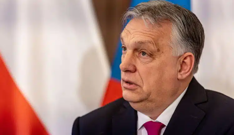 epa11184399 Hungarian Prime Minister Viktor Orban attends a press conference during the meeting of the Visegrad Group (V4) Prime Ministers in Prague, Czech Republic, 27 February 2023.  EPA/MARTIN DIVISEK