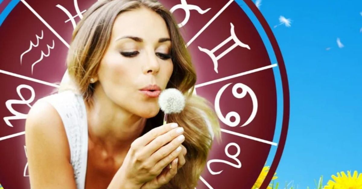 Назовани са късметлиите в почивните дни, на 3 зодии ще им върви: Жена духа глухарче пред зодиакален кръг и синьо небе.