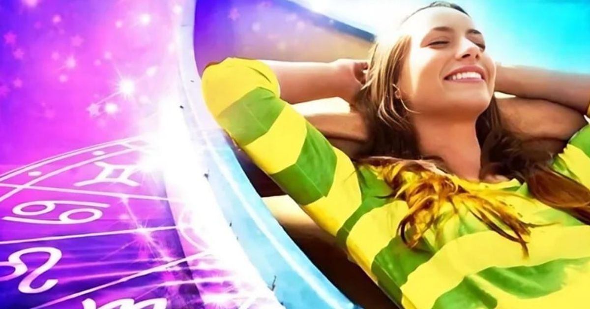 На 27 януари, числото 27 ще помогне на 4 зодии в това да вървят напред с късмет, да бъде! Усмихната жена релаксира на фона на зодиакални знаци и звезди.