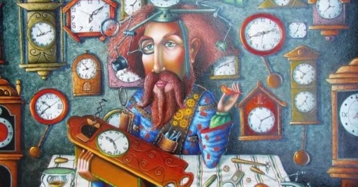 По или обратно на часовниковата стрелка? Защо стрелките на часовника се движат отляво надясно: тайната е разкрита Фантастична картина на часовникар с брада, изобретение на главата и множество часовници