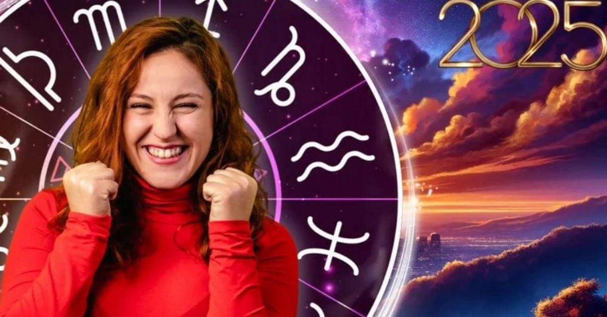 Тези зодии ще променят живота си през 2025 г. Щастлива жена със зодиакален кръг и 2025 година за хороскопни прогнози.
