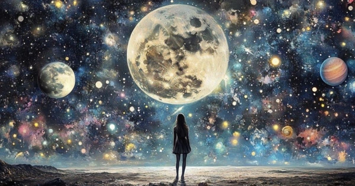 ТЕЛЕЦ! Пет дни, които могат да променят живота ви на 180 градуса! Карма, пари, любов и тайни знаци на Вселената за 2025 година Жена гледа огромна луна и планети в цветен космически пейзаж.