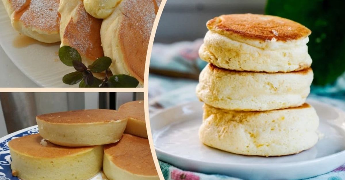 Вкусни японски палачинки, които са прости и много впечатляващи Апетитни пухкави палачинки суфле и дебели палачинки, сервирани със сироп и масло.