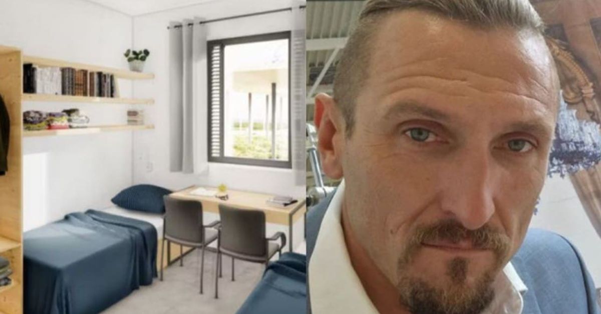 Актьорът Димо Алексиев използва алтернативен начин за придвижване Разделено изображение на мъж с брада и модерна стая с легло, бюро и прозорец.