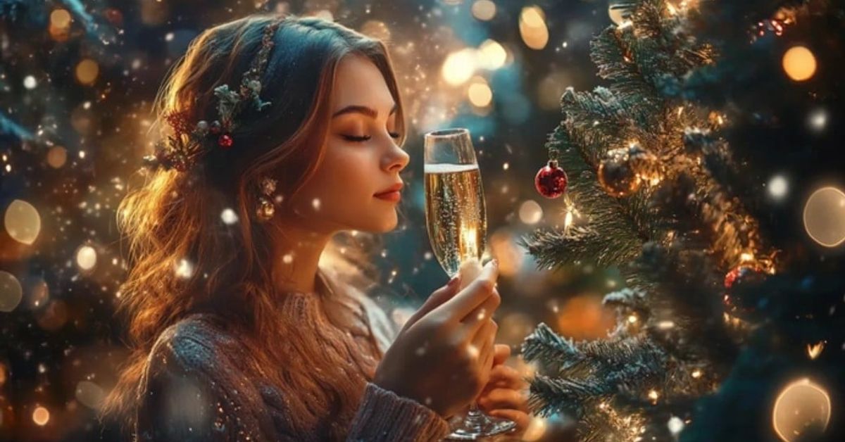Не просто изгаряне на лист хартия: топ оригинални начини да си пожелаете нещо за Нова година Елегантна жена с шампанско пред блестяща коледна елха и празнични светлини.