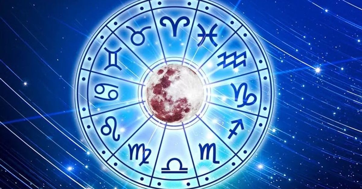 Топ Лунен хороскоп за януари 2025 г. за всички зодии включващ финанси и пари, какво предстои по дати: Зодиакален кръг с 12 астрологични знака, луна и звездно синьо небе.
