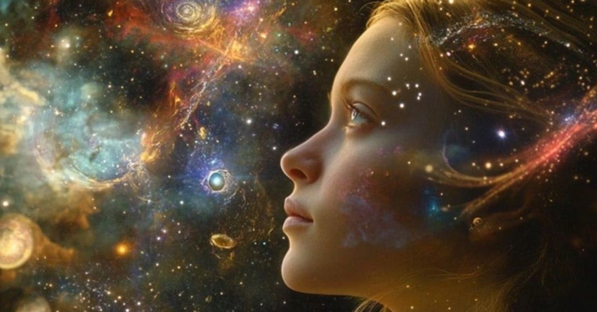 Как да използвате матрицата на съдбата, за да определите дали имате карма на самотна жена Профил на жена, гледаща към звездна вселена с цветни мъглявини и галактики.
