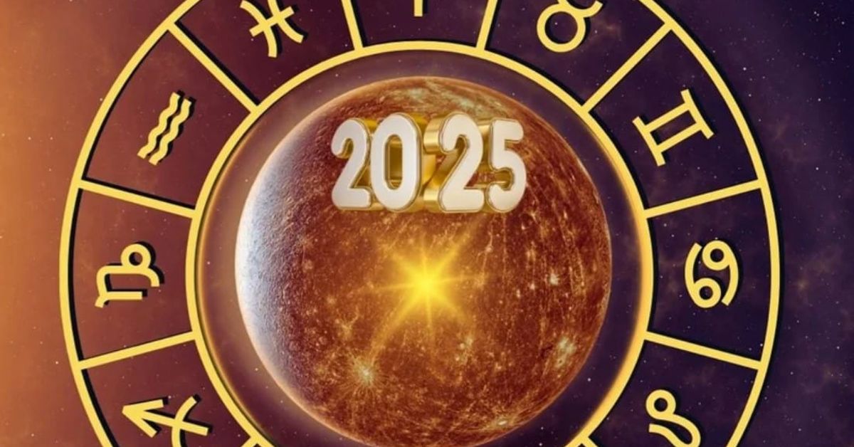 Ретрограден Меркурий през 2025 г.: ключови дати и експертни съвети за успех Зодиакален кръг с планета, показваща 2025 година, на фона на звездно небе.