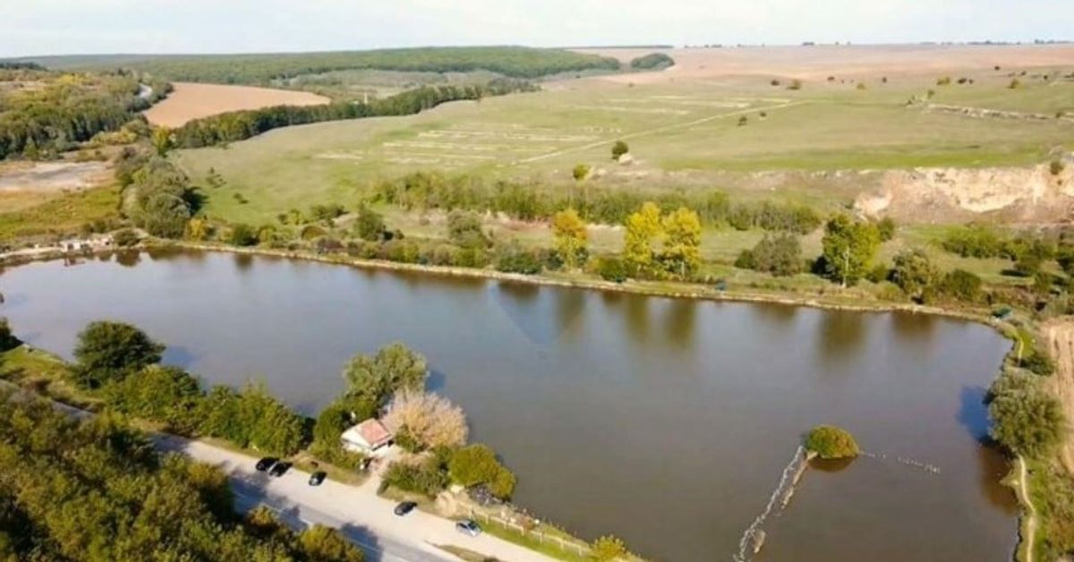 Край град Цар Калоян продават емблематичен рибарник Аеро снимка на езеро, път с коли, къща и зелена природа.