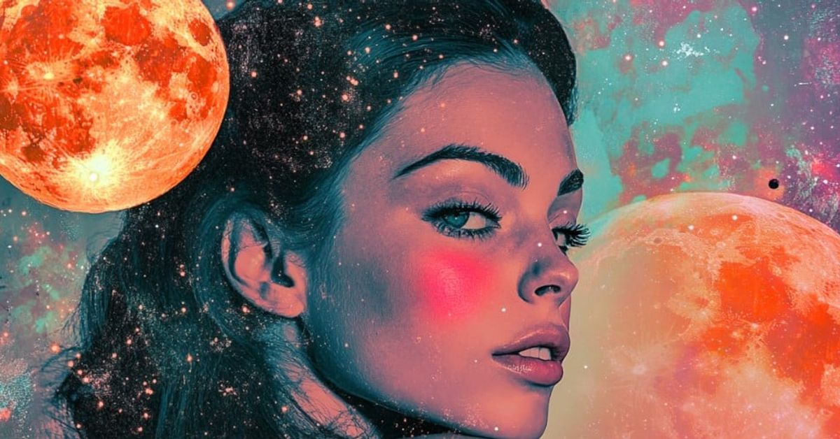 Сърце на длан: 4 зодиакални знака, надарени с изключителна душевна топлота Мистичен портрет на жена със звезди и две червено-оранжеви луни в космоса.