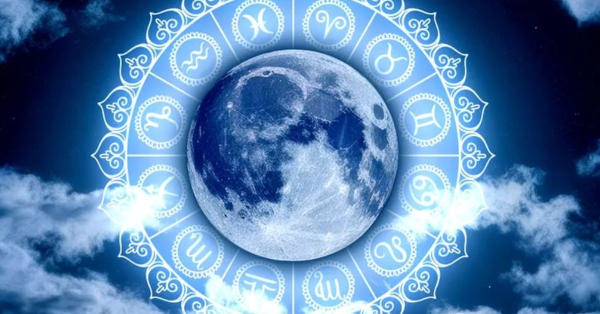 Лунен хороскоп за май 2025 г. за всички зодии Пълнолуние със зодиакални знаци в синя мандала на нощно небе.