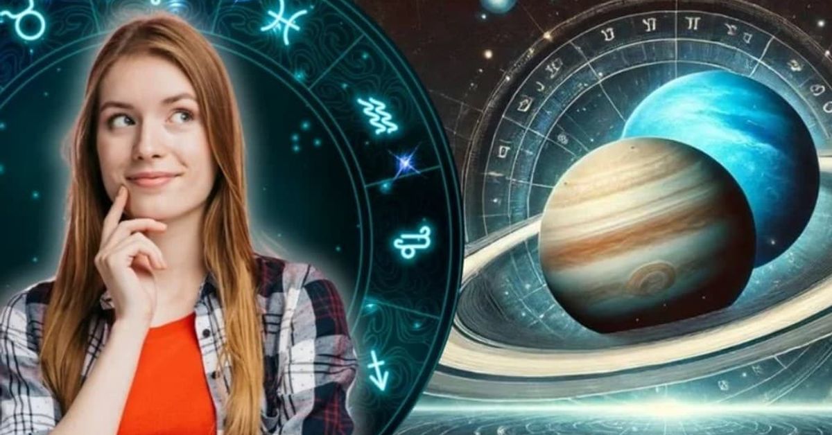 За първи път от 400 години: Съвпад на Сатурн и Нептун в Овен – какво означава това за нас Замислена жена с астрологичен кръг, зодии и планети на космически фон.