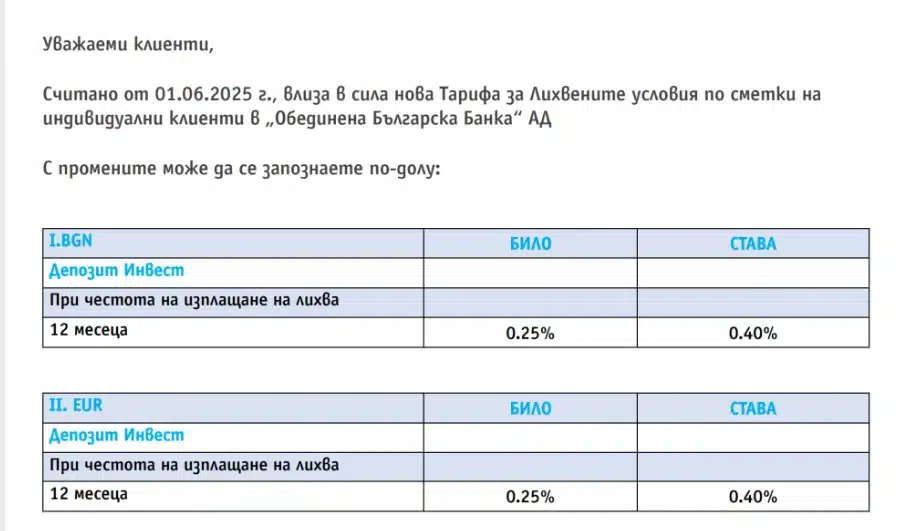 ОББ с важно съобщение до всички свои клиенти: от 1 юни 2025 година влиза в сила нова тарифа 1