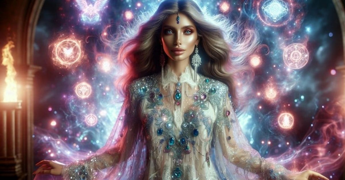 Не е за подценяване! На 27 май предстои Новолуние – как ще се отрази на всяка една от зодиите Мистична жена в блестяща рокля сред космически символи и светлини.