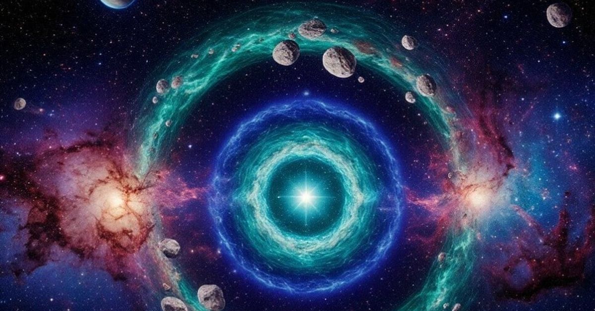 Марс във Везни от 7 август 2025 г.: Тези 6 зодиакални зодии ги очаква мощен обрат на съдбата! Пригответе се! Цветен космически пейзаж с ярка централна звезда, газови пръстени, планета и астероиди.