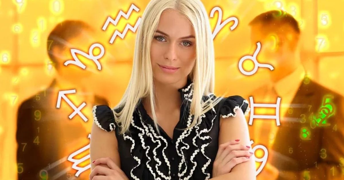 Прогноза за седмицата от 20 до 26 октомври по дата на раждане Блондинка с кръстосани ръце пред зодиакални знаци и нумерологични символи.