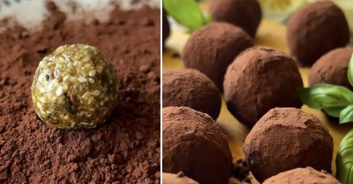 Сладко без вреда: лесна рецепта за здравословни бонбони, които са по-вкусни от купените от магазина Енергийна топка със сусам и шоколадови трюфели, поръсени с какао на прах.