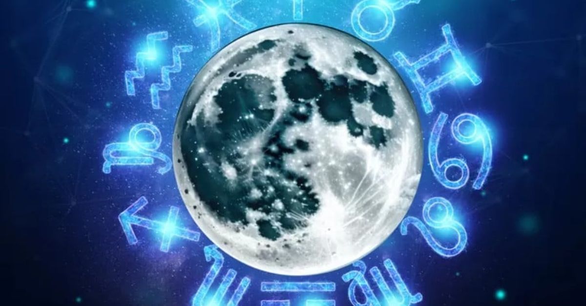 Лунен хороскоп за септември 2025 г. за всички зодиакални знаци Светещи зодиакални знаци около пълнолуние в тъмното звездно небе.