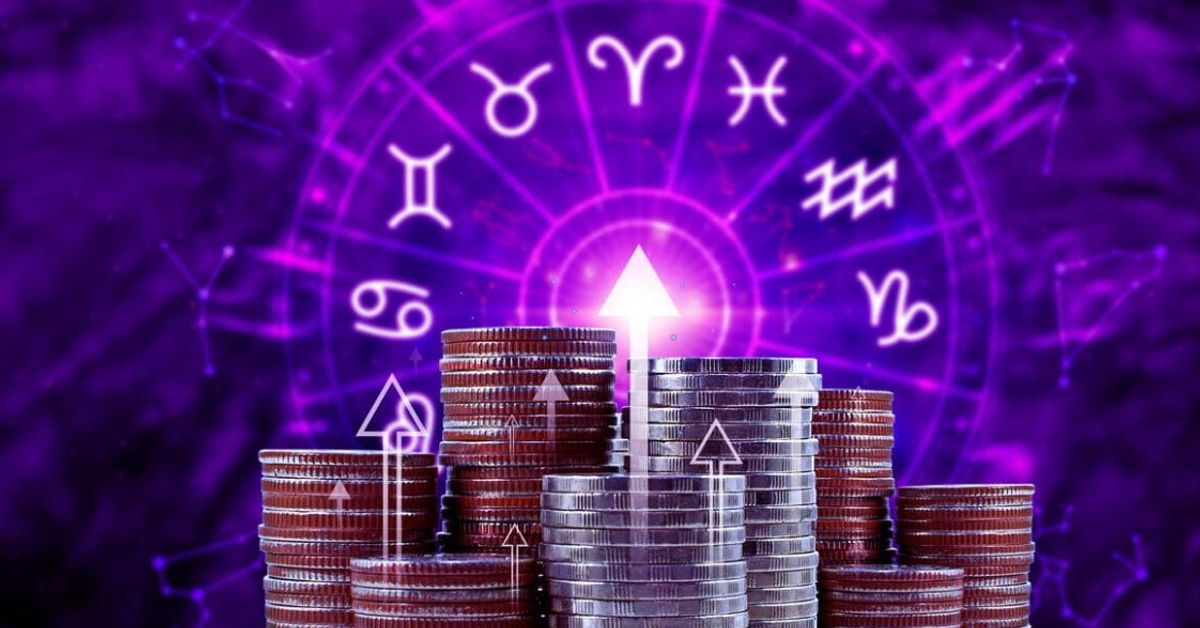 Три зодии ще направят сериозен финансов пробив през юни 2026 г. Финансов растеж и астрология: монети със стрелки нагоре и зодиакални знаци.