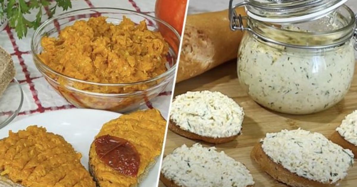 Две вкусни хлебни намазки: прости рецепти за закуски Две домашни разядки: зеленчукова и билкова, сервирани върху филийки хляб.