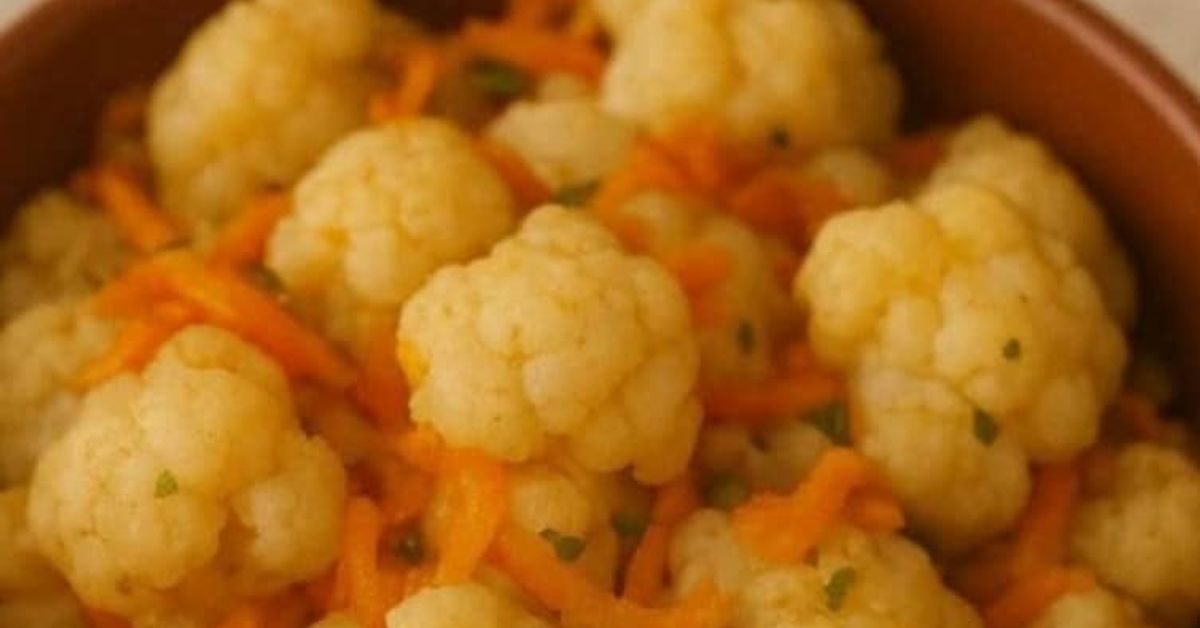 Вкусна салата от карфиол за 15 минути Карфиол на розички с моркови и подправки в кафява купа