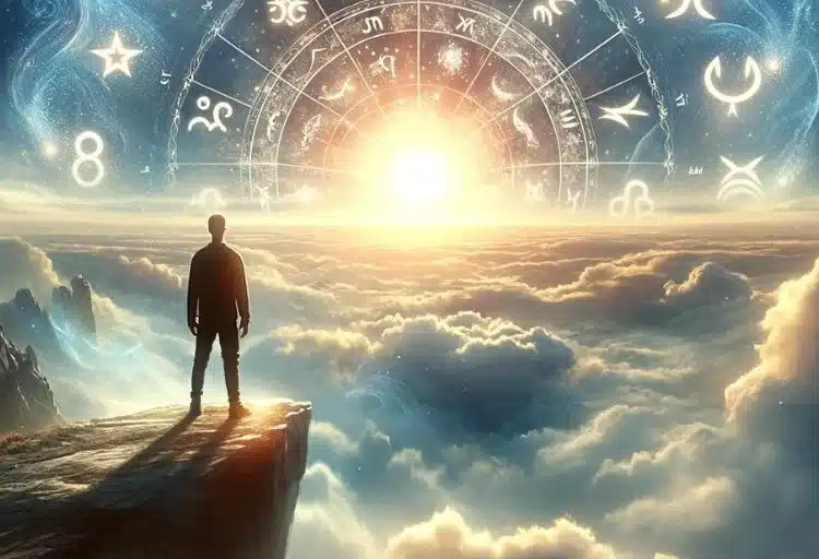 Човек пред космически хоризонт.