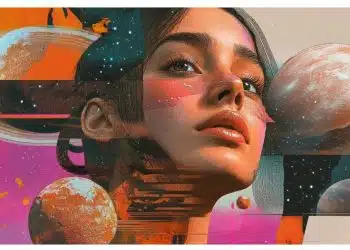 Космическа сцена с планети и цветове.