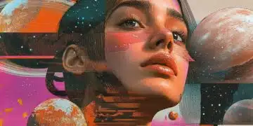 Космическа сцена с планети и цветове.