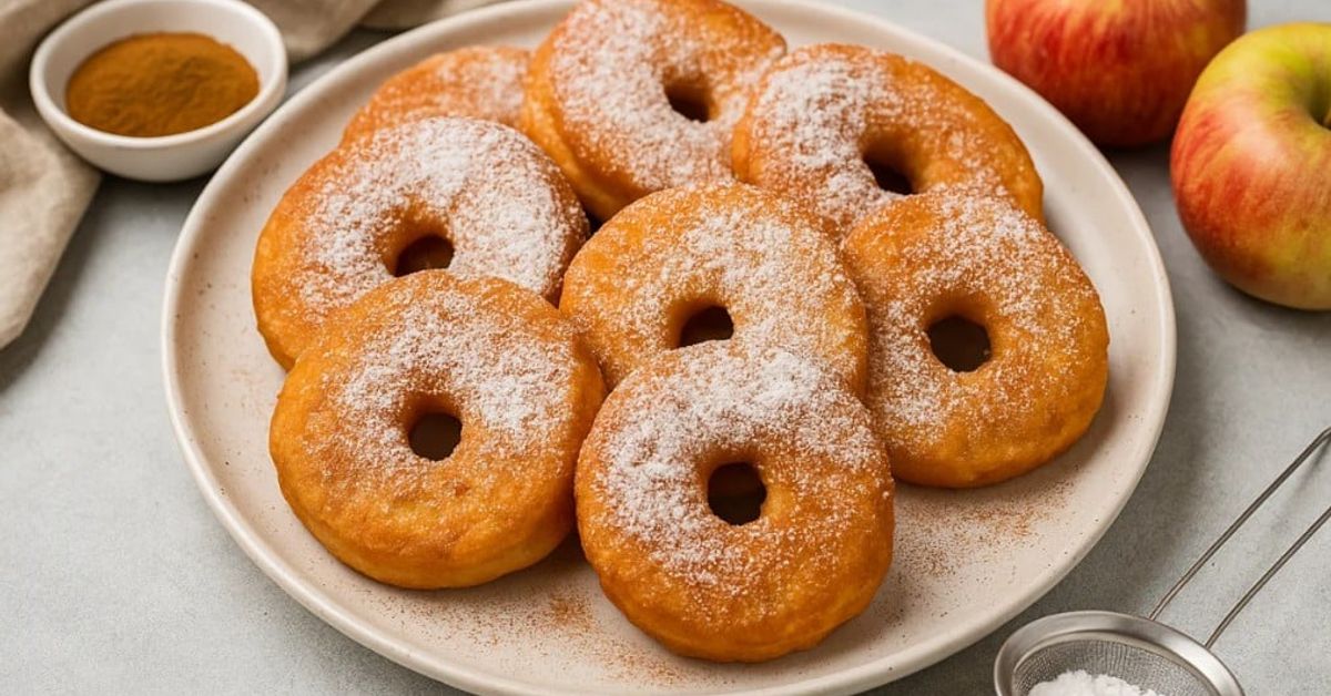 Ябълкови понички, точно като в детството: нежни, ароматни и много вкусни Ябълкови понички, поръсени с пудра захар, до пресни ябълки и канела.