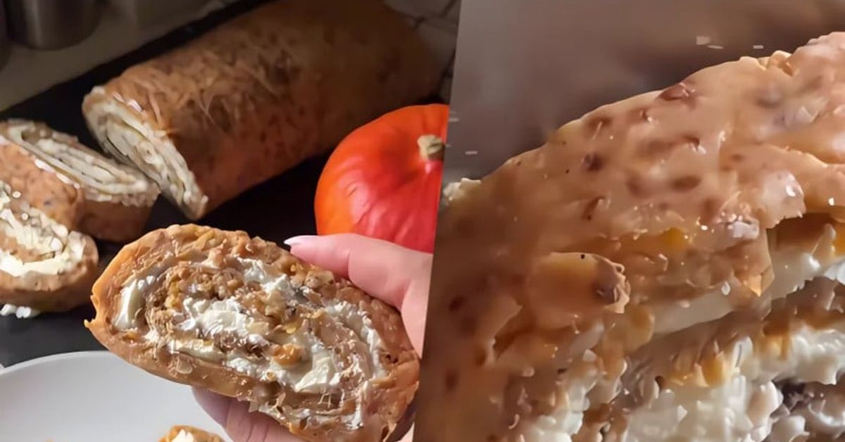 Вкусно е по-добре от всяка торта: проста рецепта за рулце с тиква Нарязано тиквено руло с кремав пълнеж и орехи, готово за сервиране