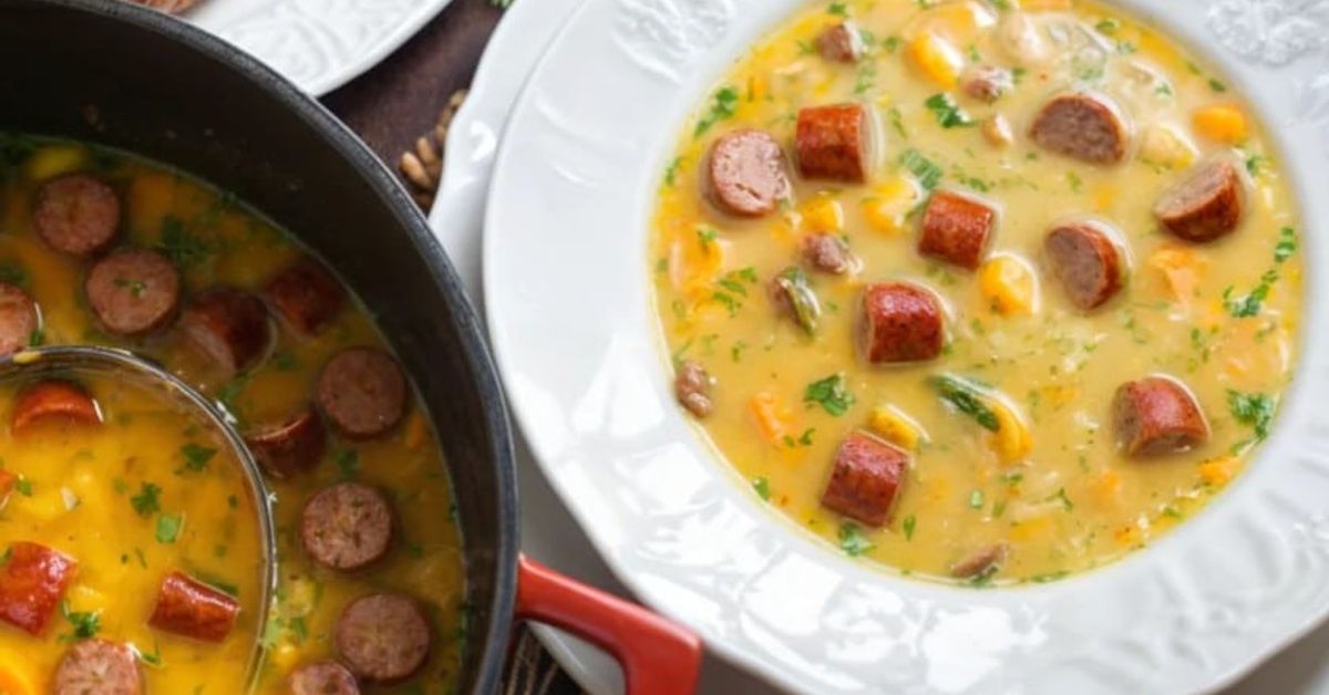 Супа с пушени наденички и крема сирене – бърза и вкусна идея за вечеря Вкусна супа с колбаси и зеленчуци