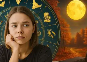 Жена с астрологични символи на заден план