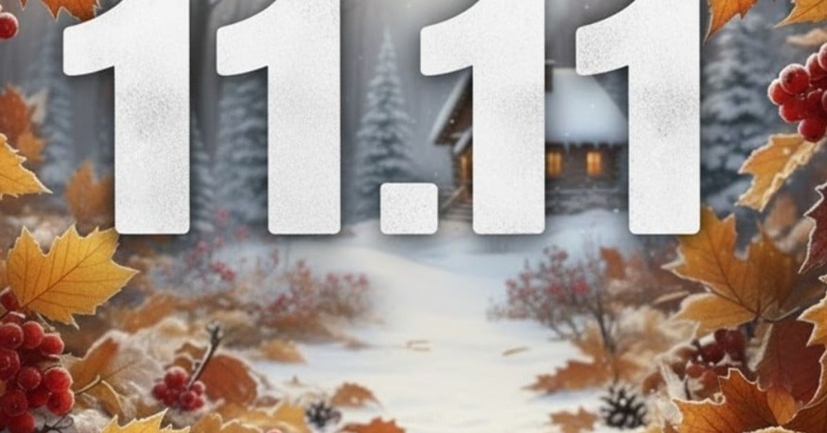 11.11 датата, която ще донесе много приказни емоции, да бъде! 11.11 на фона на есенно-зимен пейзаж със сняг, листа и уютна къща.