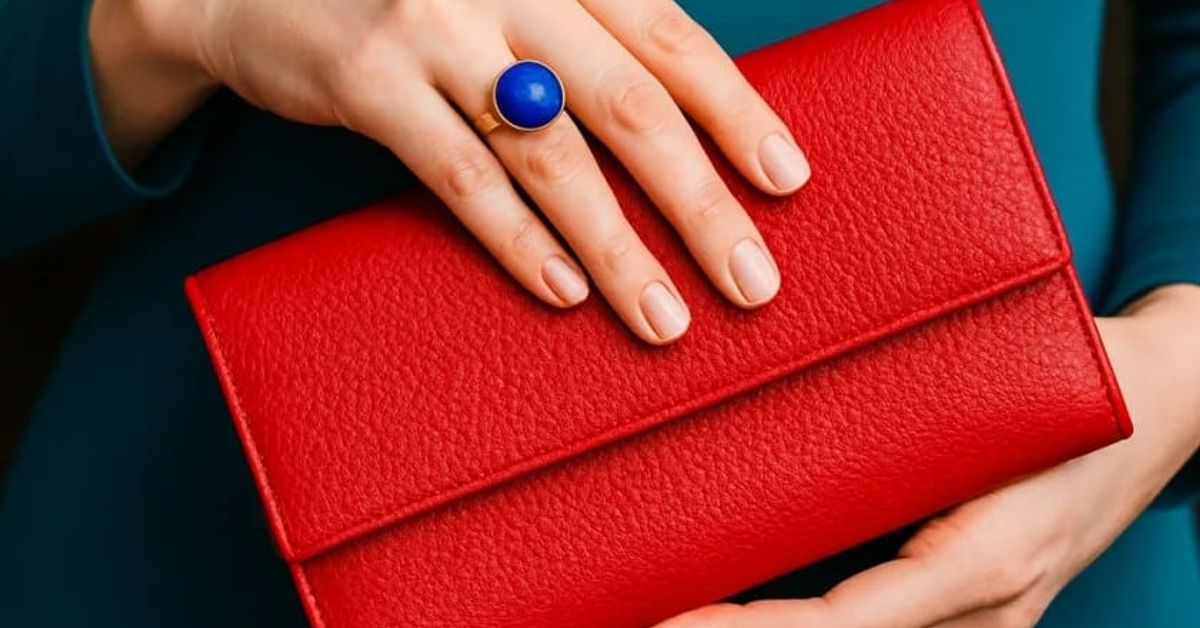 Поставете един от 6-те малки предмета в портфейла си и очаквайте богатство: според поверията, едно нещо не може да се направи в първия ден от месеца Близък план на ръце, държащи червено портмоне с елегантен син пръстен.