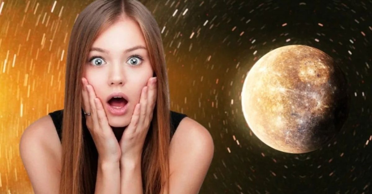 5 зодиакални знака, които ще бъдат в хаос от ретроградния Меркурий Изненадана жена и планетата Меркурий на фона на динамичен космически пейзаж.