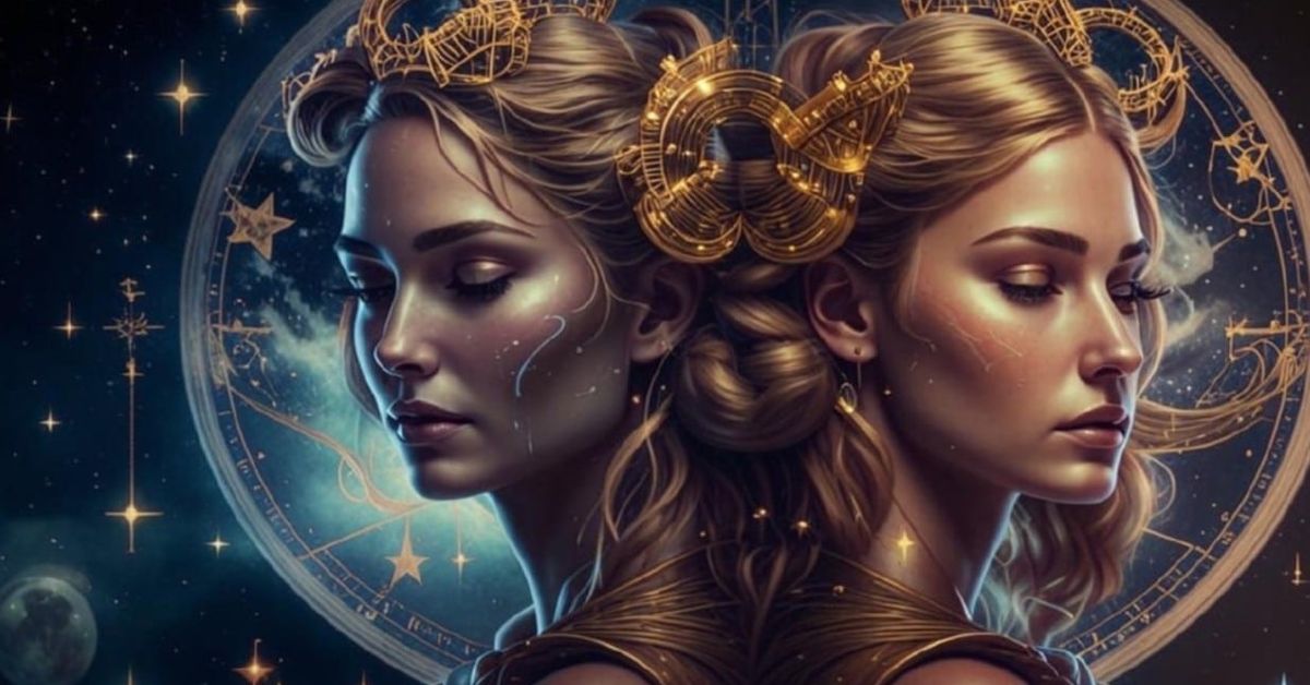 Вечен двигател или източник на хаос: 5 качества на Близнаци, които ви подлудяват Астрологичен портрет на две жени със златни украшения и звезди.